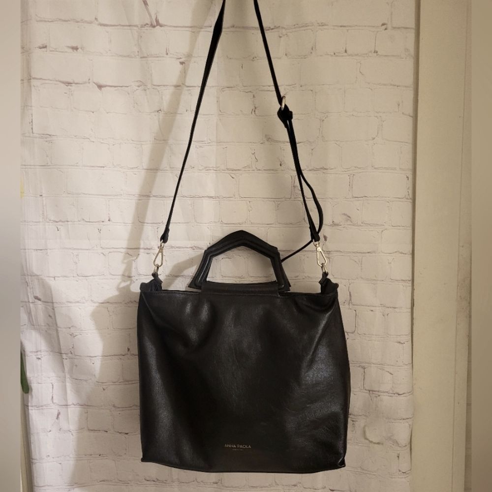 Large Black Leather Crossbody Bag with handles, Anna Paola bag